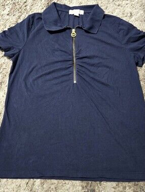Michael Kors Navy Short-Sleeve Zip Polo Top with Gold MK Pull - Size XL